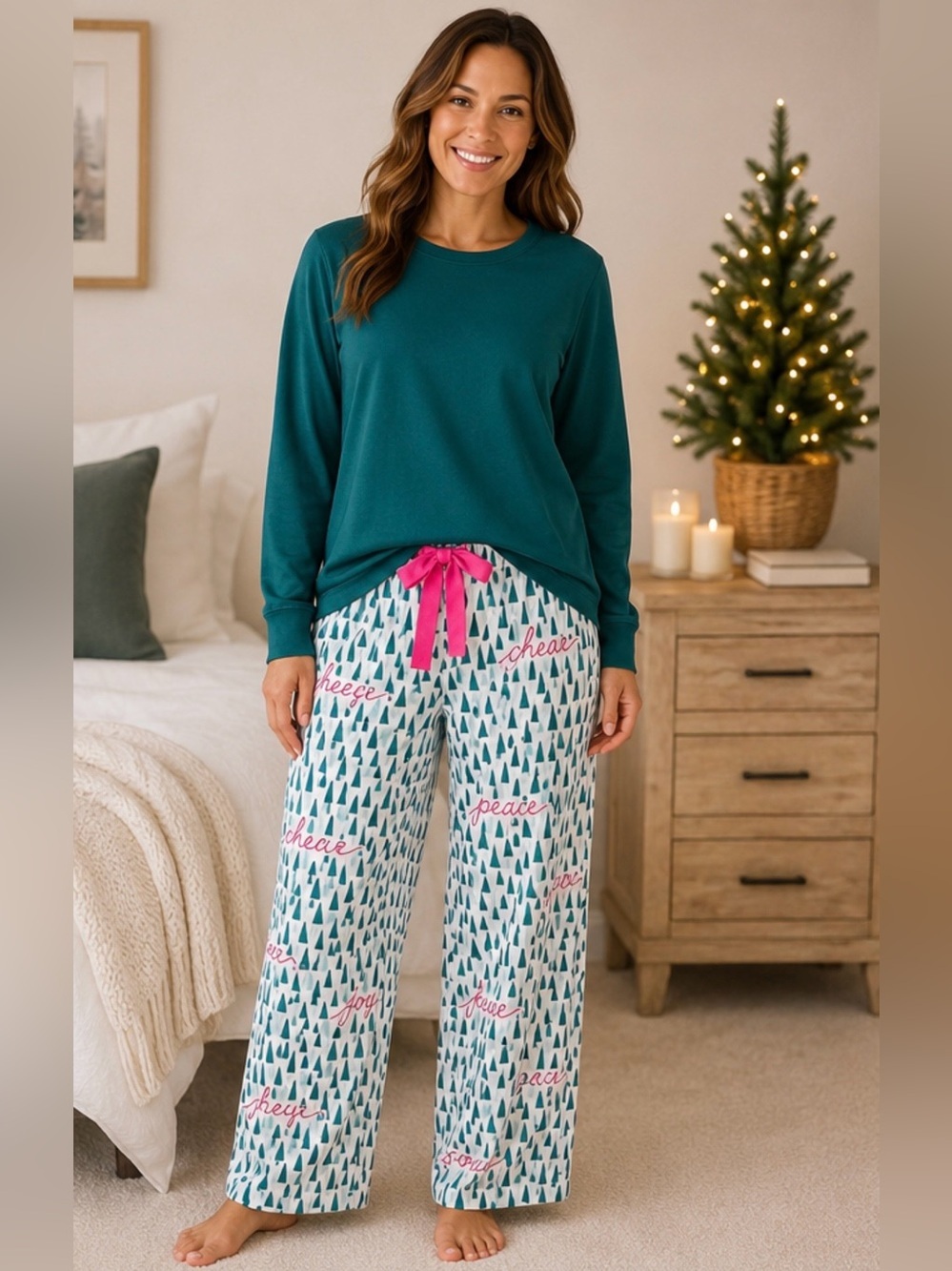 LANDSEND WOMENS PJ SET Knit Tee Shirt Top & Cotton Flannel Pants PETITE LARGE